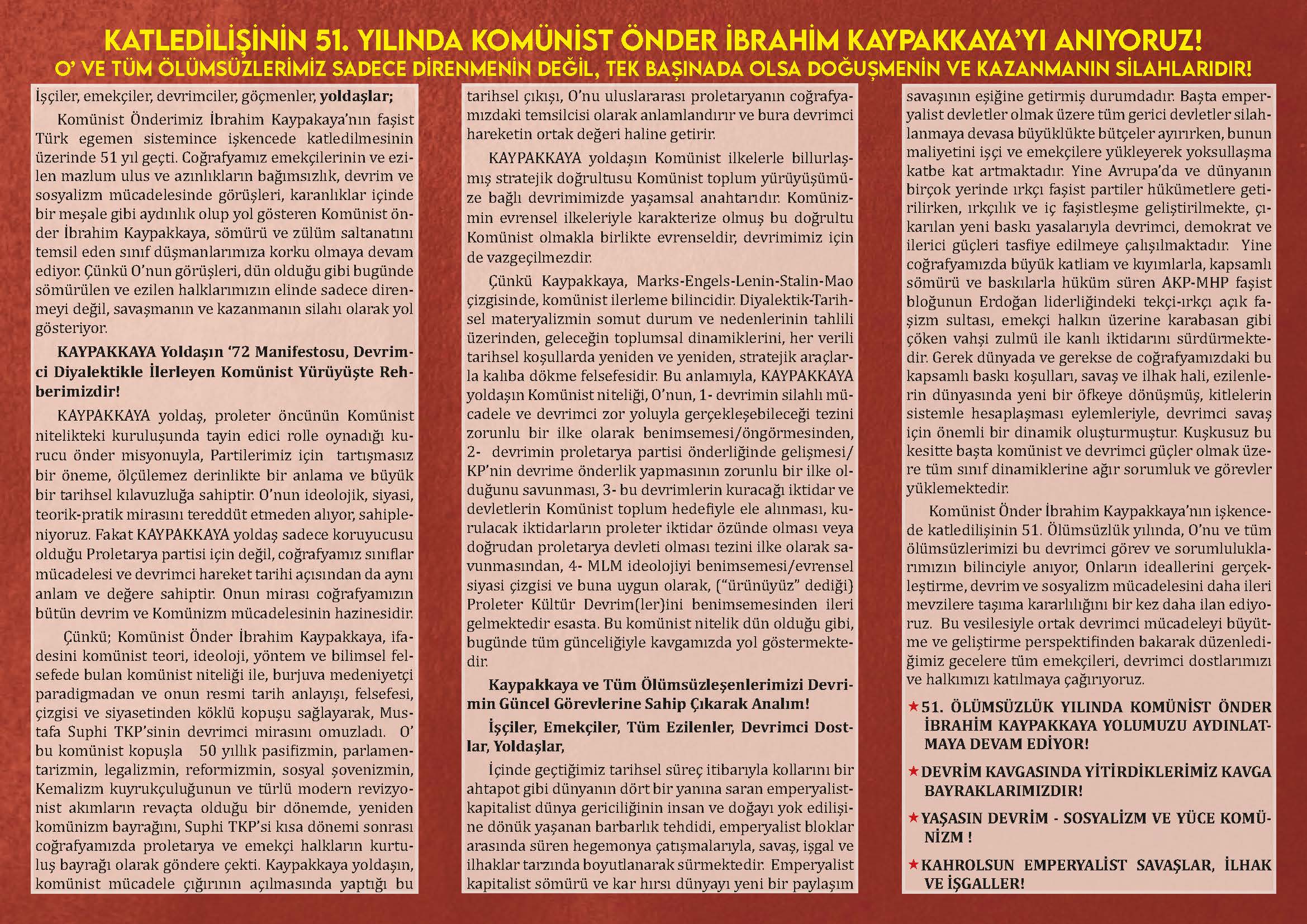 İbrahim Kaypakkaya 51. Ölümsüzlük Yılı Anması-Metin